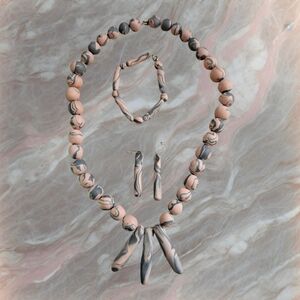Necklace, Earrings, & Bracelet: 3 Pc. Set; Pink & Grey Marbled Sculpey Jewelry